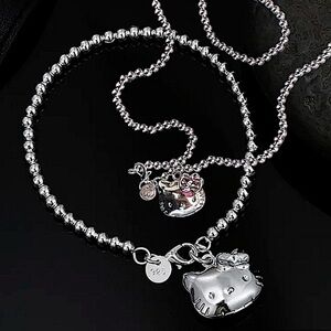 Hello Kitty Sterling Silver Beaded Bracelet Necklace Set